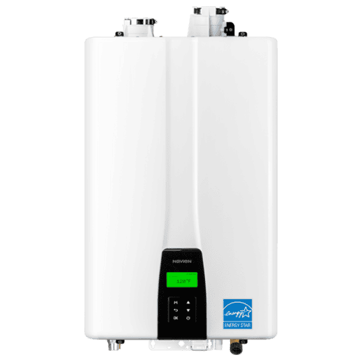 A white, rectangular tankless water heater with a digital control panel at the bottom center, displaying numbers on a green screen. The unit has a compact design and energy star certification logo in the corner, suitable for modern home heating systems.