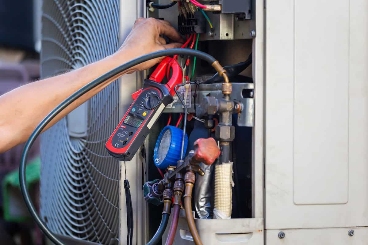 Air Conditioning Repair Man Hands Checking And Fixing Modern Air Conditioning System, Technician Team Checking Leakage Air Conditioning System