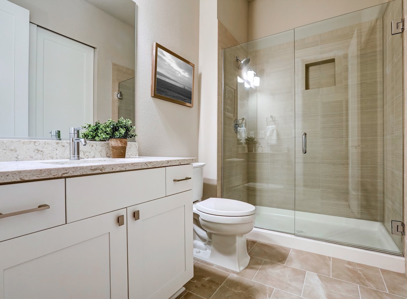 Transitional Bathroom Interior Design In Soft Beige Colors