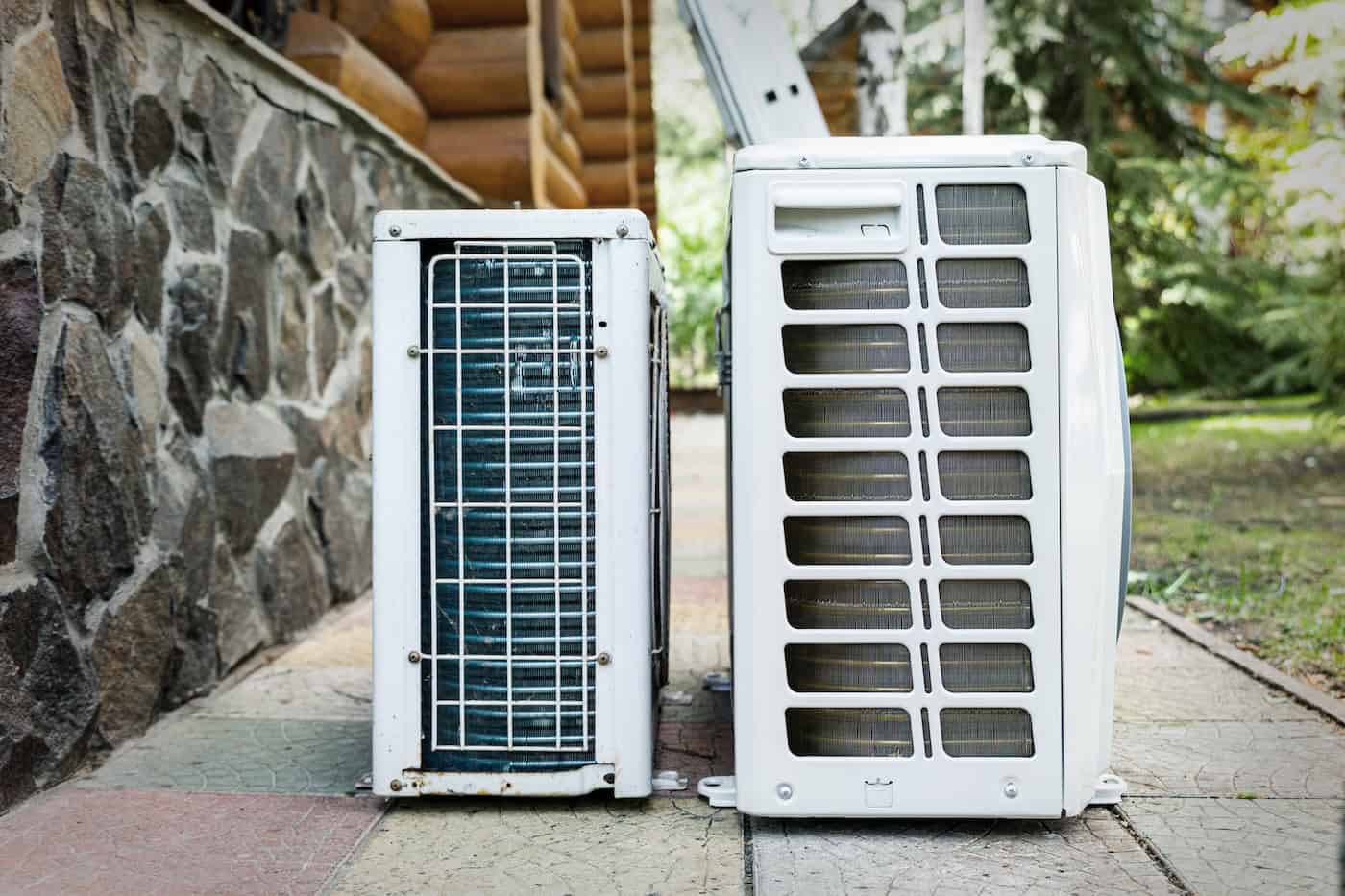 New Modern Hvac Air Conditioning External Compressor Unit Preapred For Installation Or Replacement Near Wall Of Wooden Log Residential Country Cottage. Ladder And Equipment For Service And Maintenance
