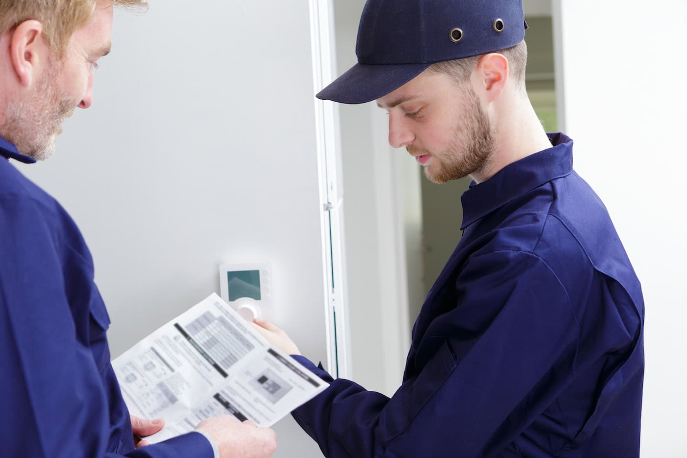 Engineer And Apprentice Adjusting Thermostat For Efficient Automated Heating System