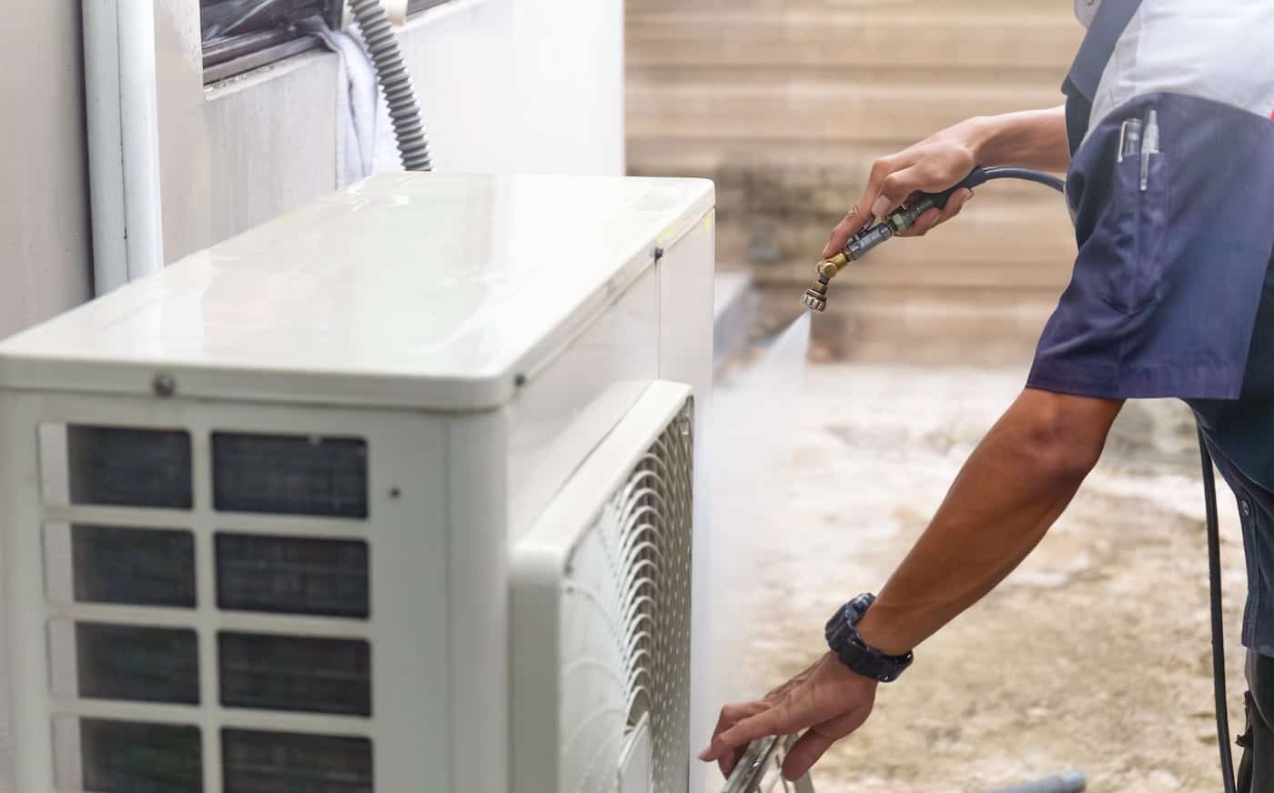 Technician Man Cleaning Air Conditioner, Repairman Washing Dirty Compartments Air Conditioner, Maintenance And Repairing Concepts