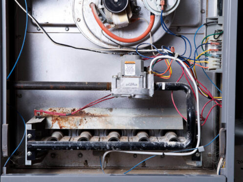 Interior of an old rusted furnace unit